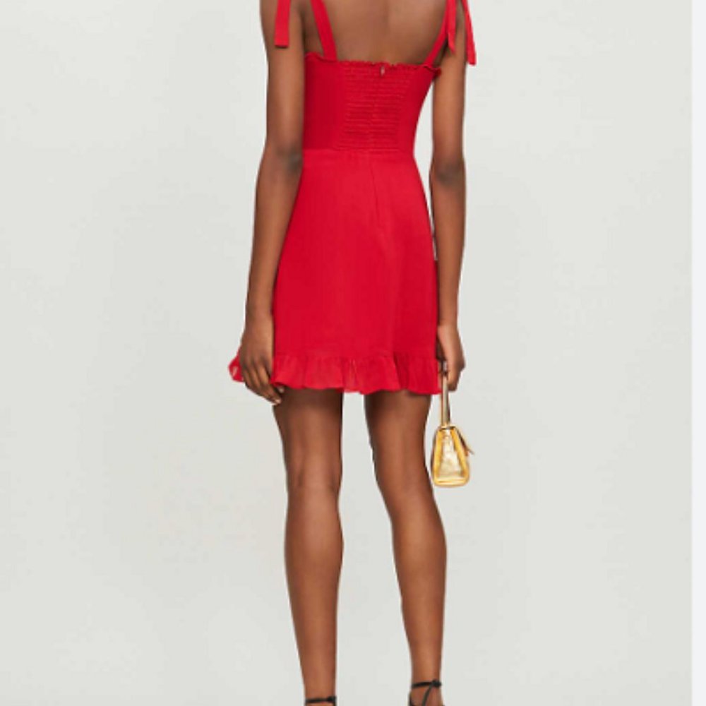 REFORMATION Red Christine Sleeveless Ruffle Tie Shoulder Smocked Crepe Dress 6 - Picture 3 of 9